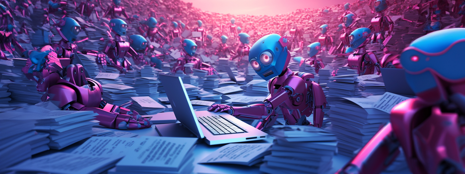 Robots sorting through piles of paperwork with one robot using a laptop amid a sea of documents.