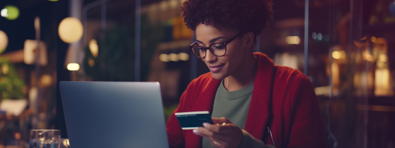 Woman using a credit card and laptop at night while seated at a cozy cafe table.