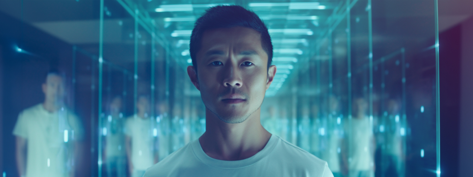 Man in a futuristic corridor with digital screens reflecting in glass walls around him.