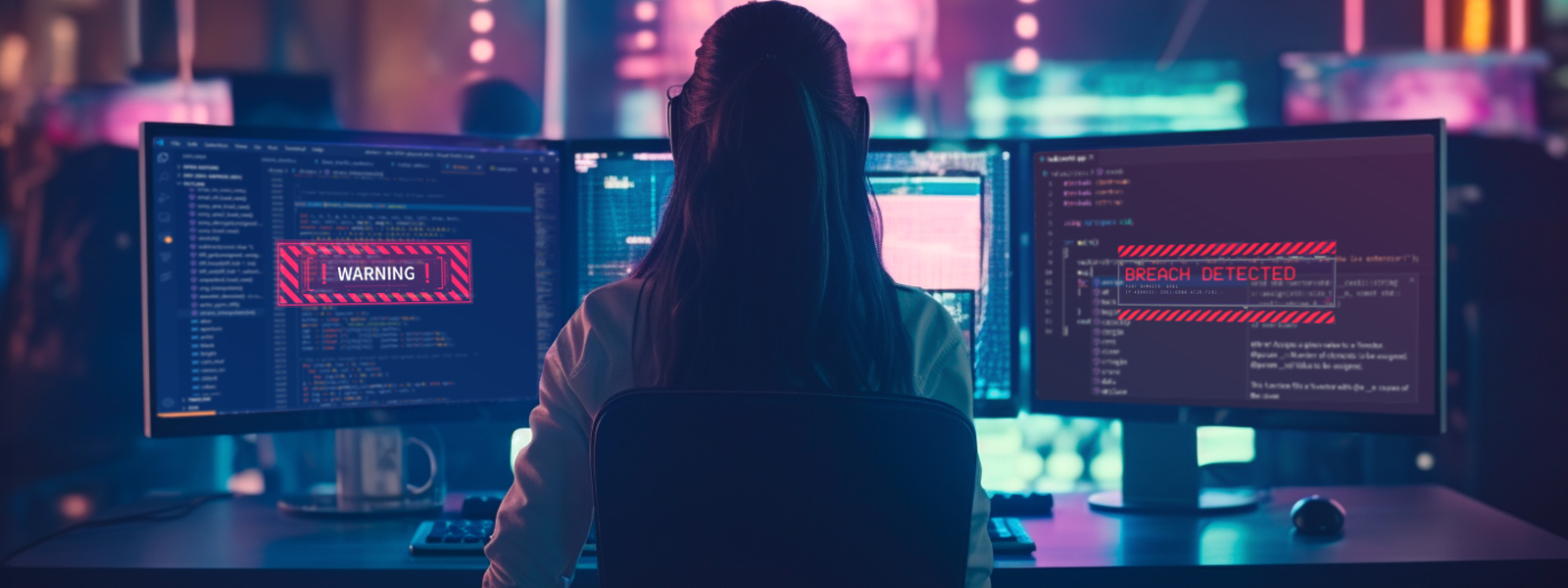 A woman at a computer with security breach warnings on two of three monitors.