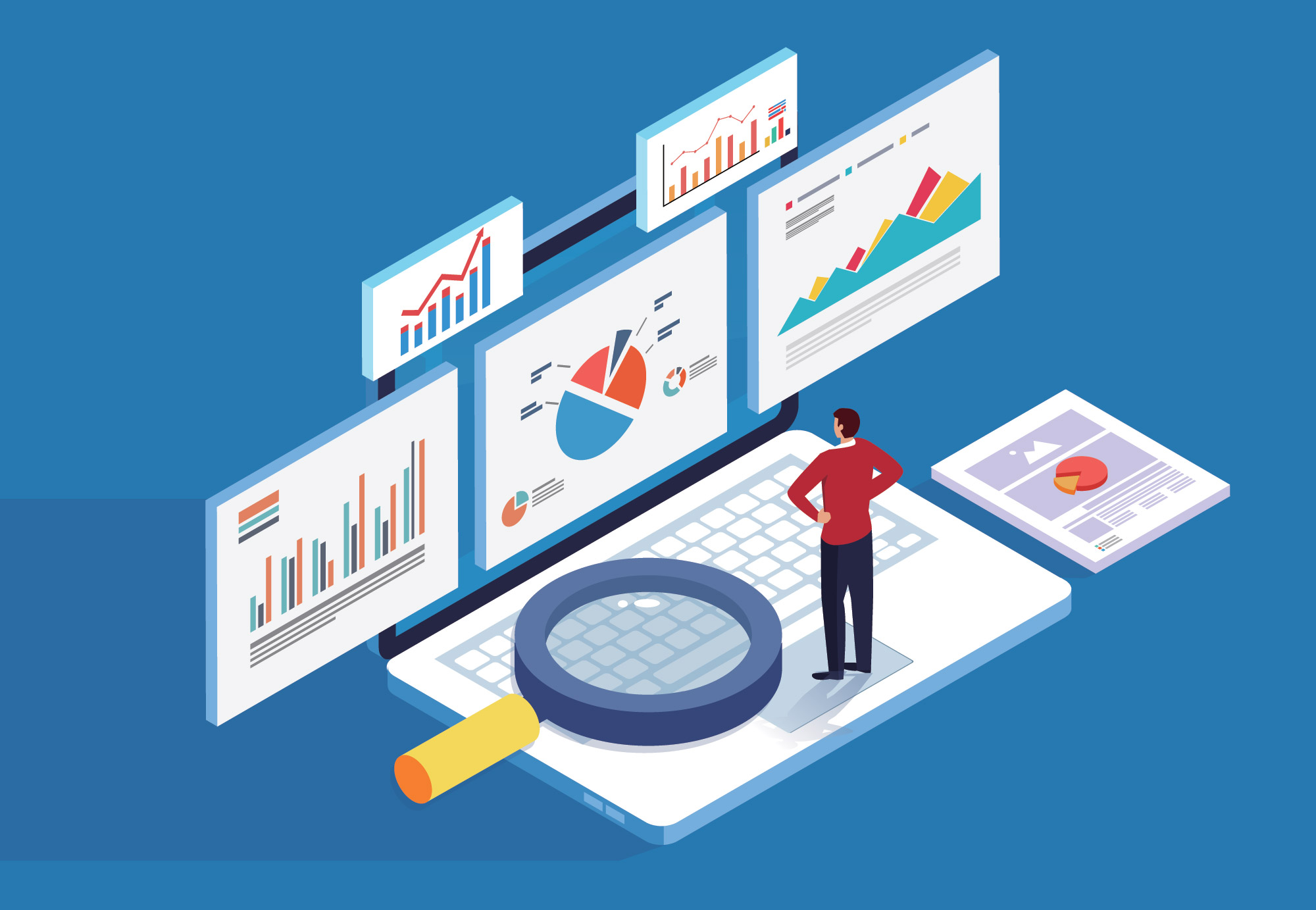 Illustration of a man analyzing data on multiple screens with charts and a magnifying glass.