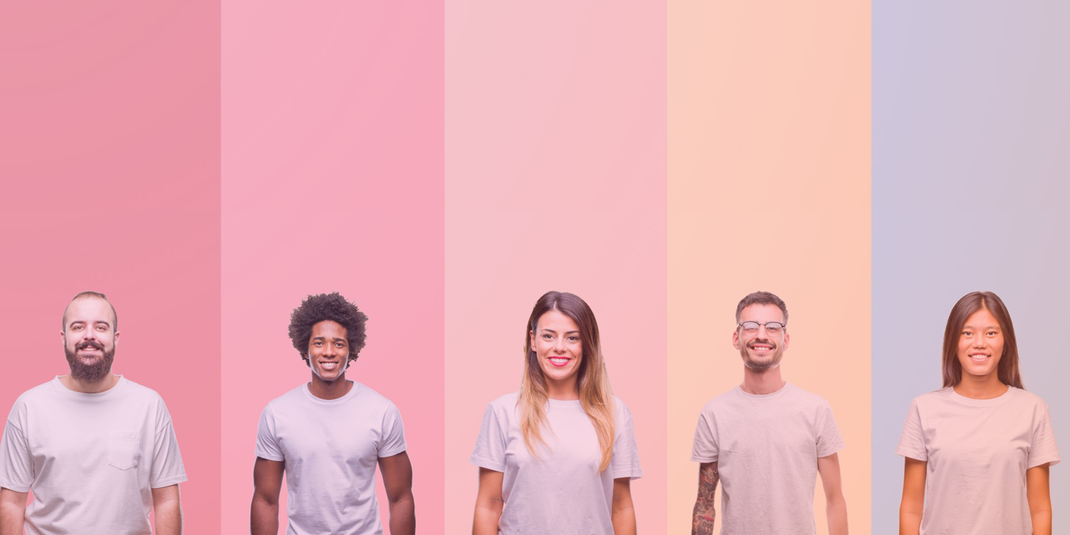 A panoramic image of five diverse individuals standing in front of colorful vertical stripes.