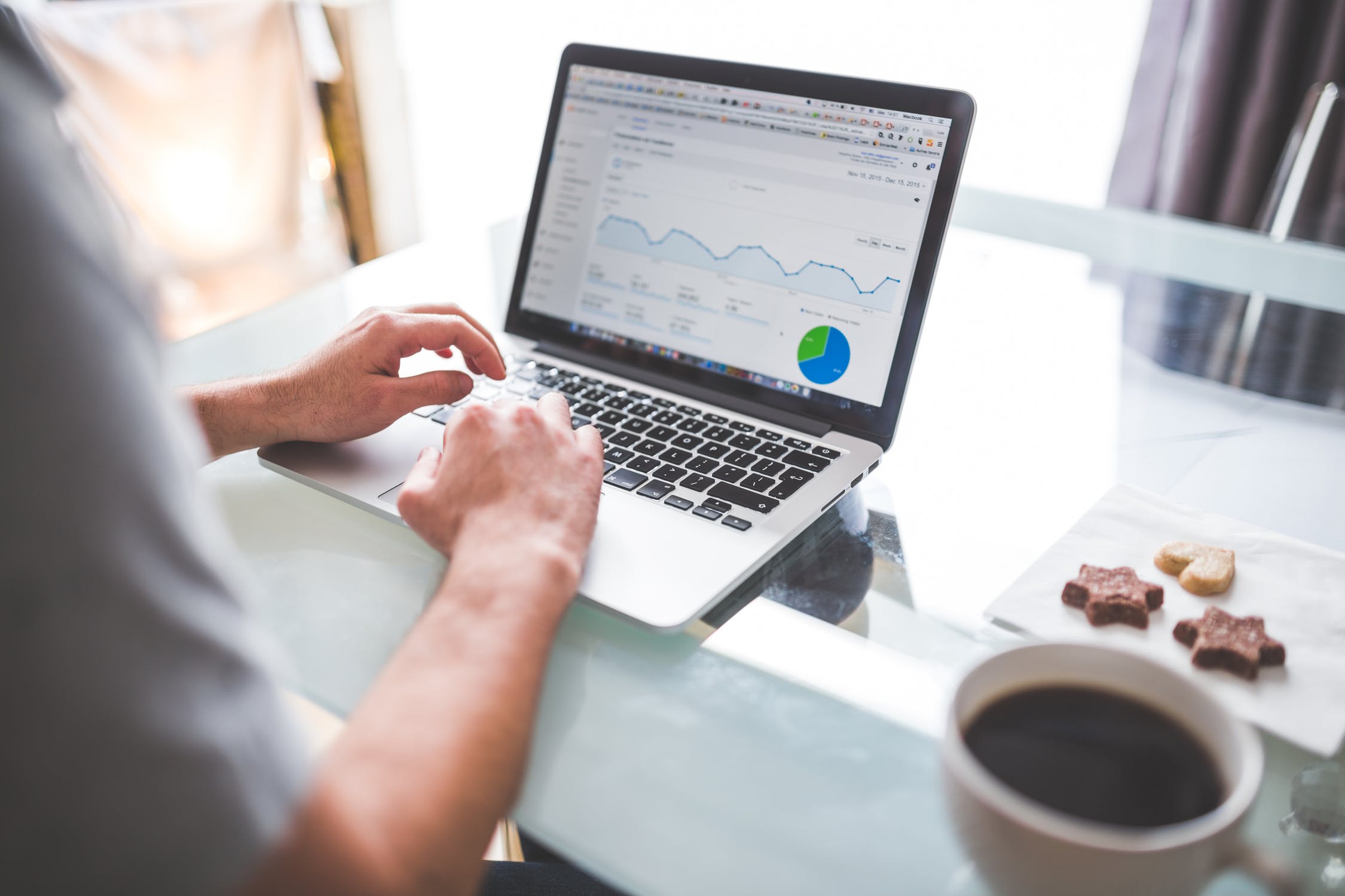 A person working on a laptop with financial analytics and charts on the screen, accompanied by a cup of coffee and snacks.