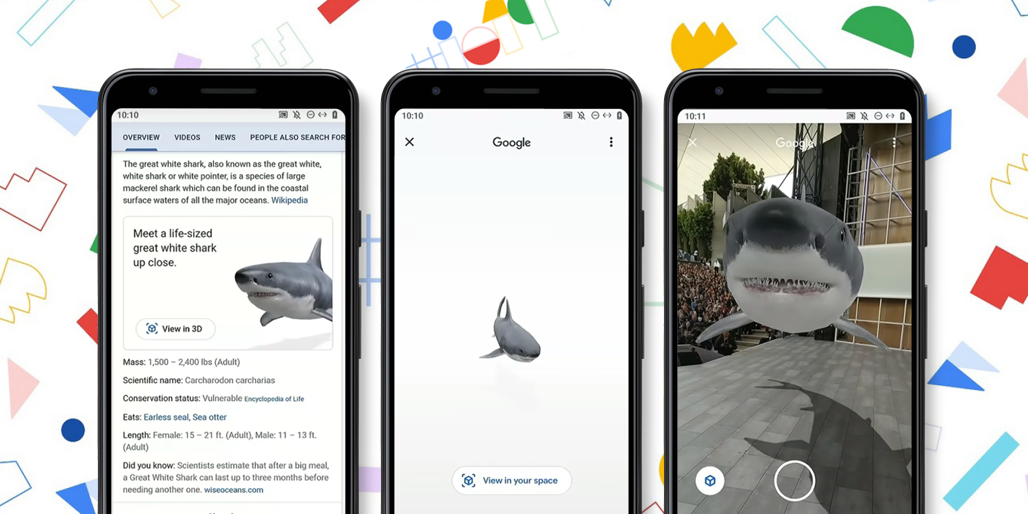 Three smartphones showcasing an augmented reality application with a life-sized great white shark model displayed on screen and options to view in 3D or in AR.
