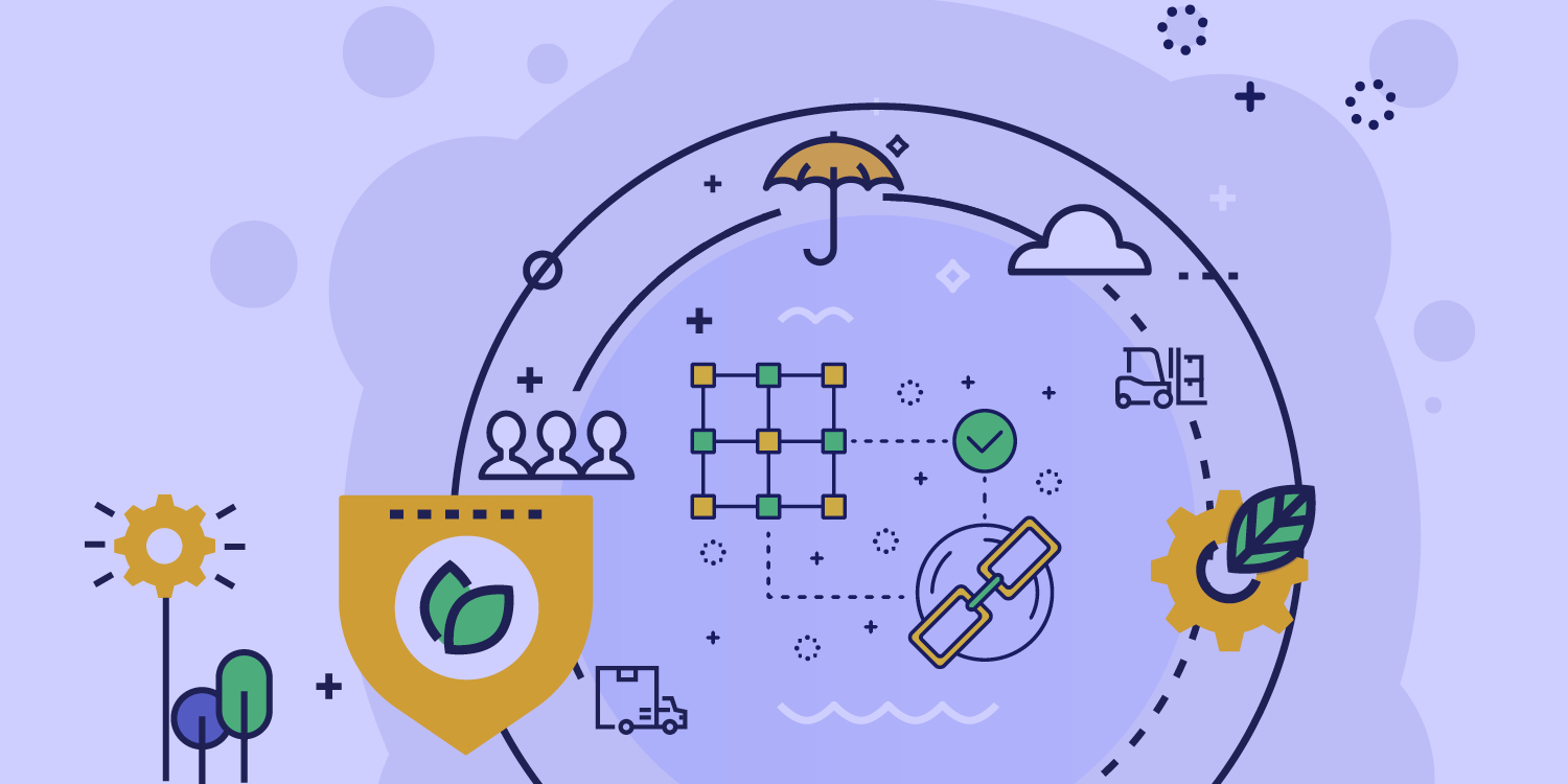 A conceptual illustration of a circular, purple-themed blockchain diagram with icons symbolizing sustainability.