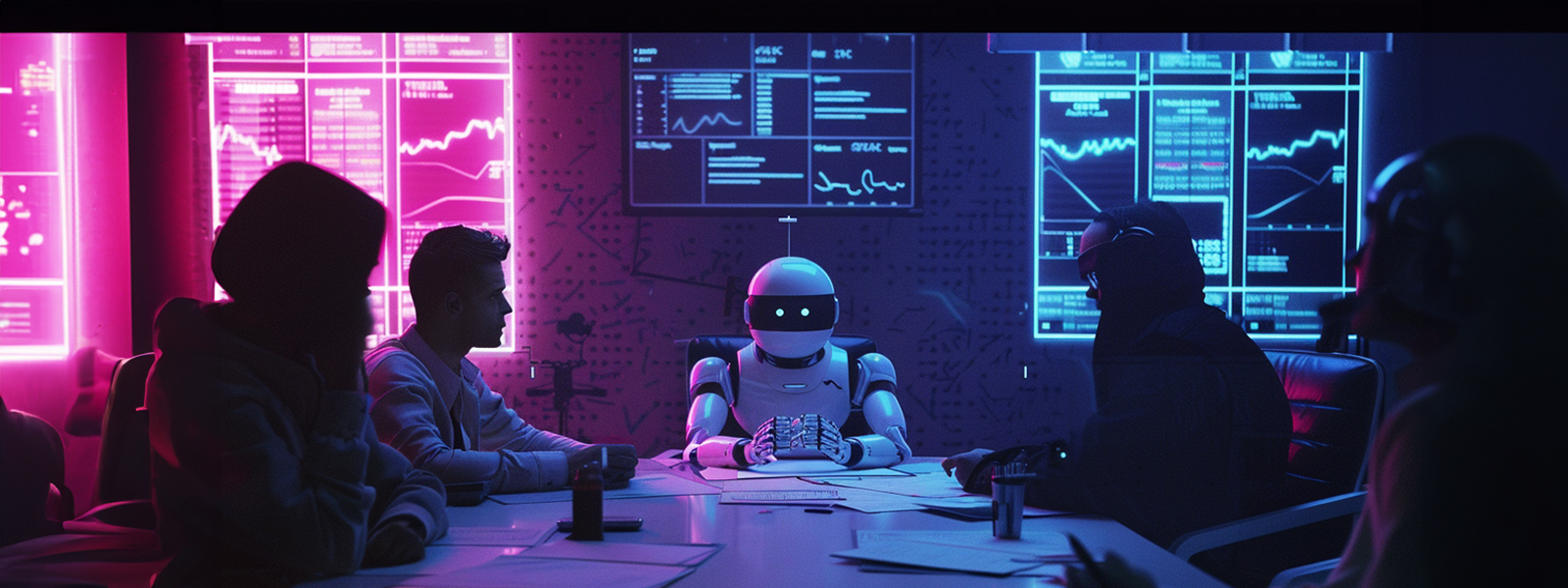 A suspicious robot sits at a table in a bank's dark boardroom.