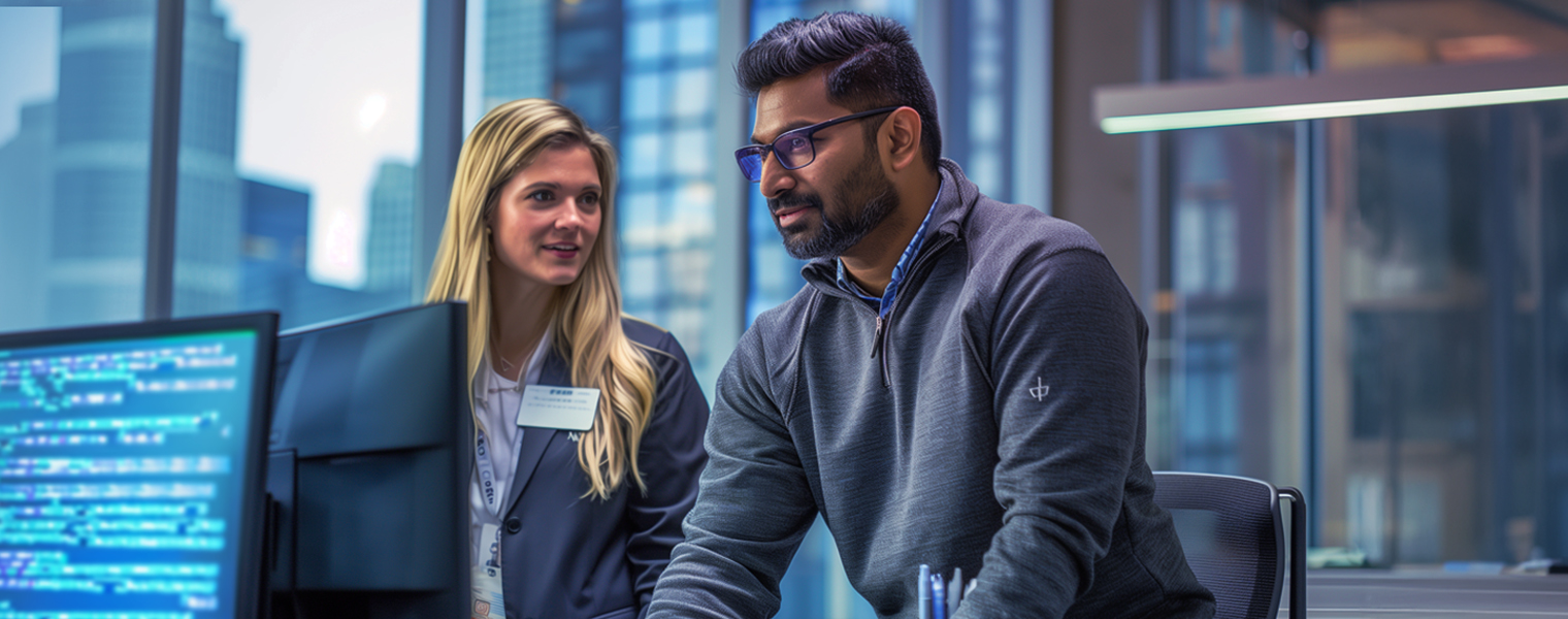 A fraud analyst and tech specialist cheerfully collaborate at a computer.